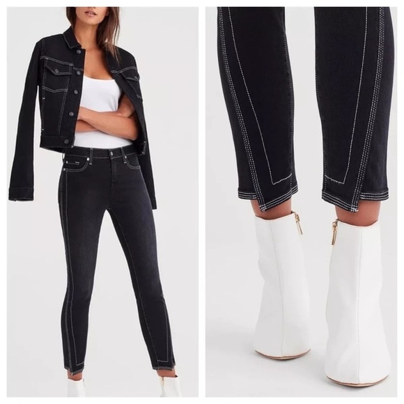 7 for All Mankind 7FAM Black Spliced Hem Black Sateen Ankle Skinny Jean EUC 27 - Picture 2 of 11
